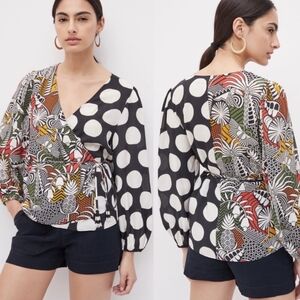 Farm Rio | Anthropologie Rainforest Wrap Blouse Small B&W Multicolored Dots